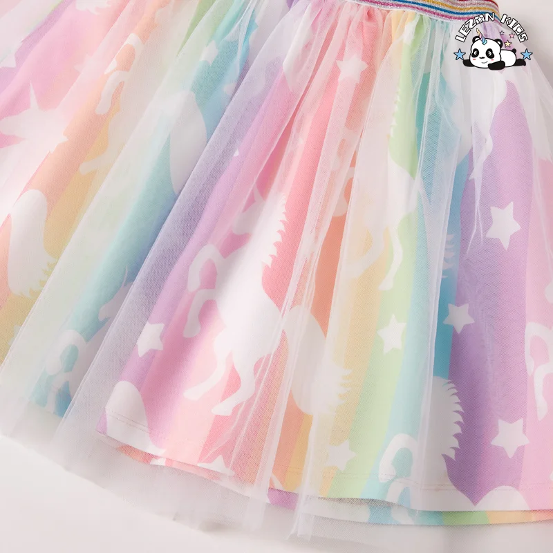 LEZONKIDS - Girls Clothing Dresses Sets Unicorn Print Ruffle Long Sleeve T-shirt Rainbow Tulle Dress Skirt Baby Girls Clothing Sets